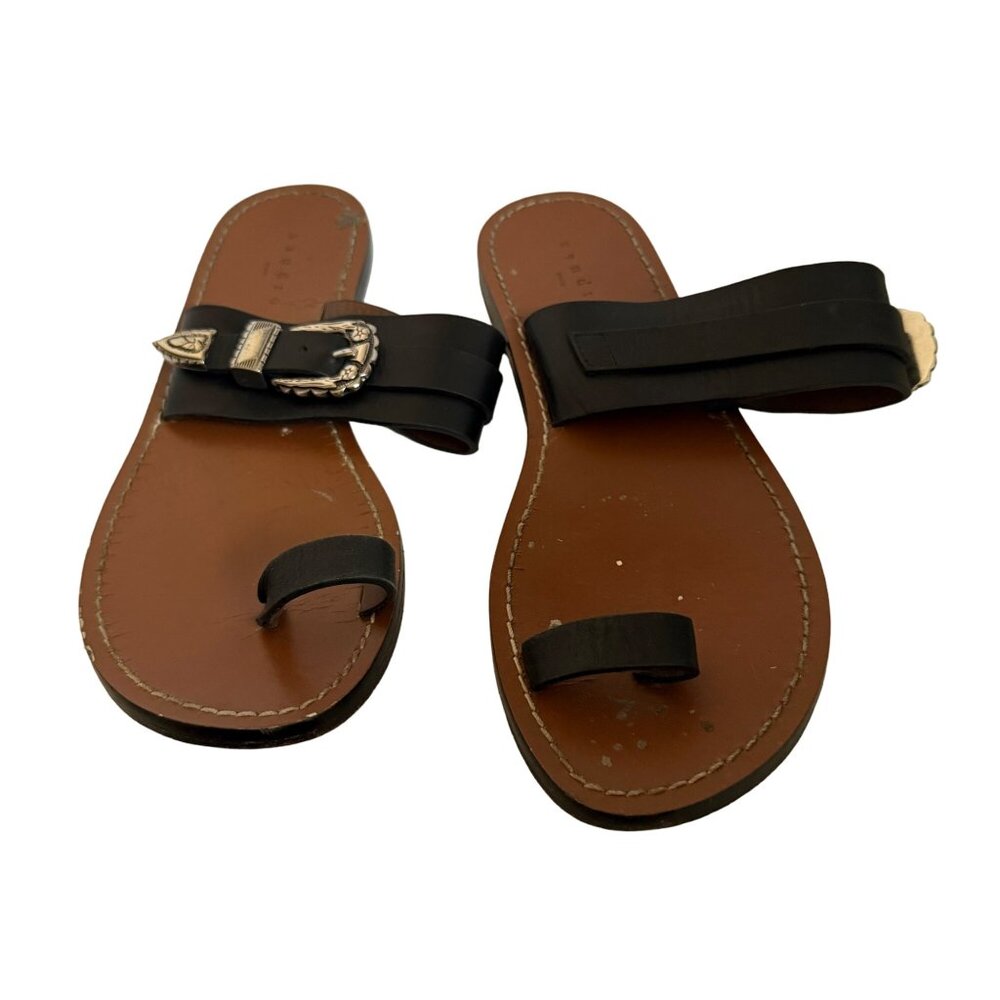 Sandro Black Leather Toe Strap Silver Metal Buckle Boho Flat Sandals Size 37